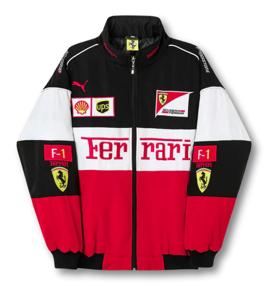 Vintage Racing Jack – Klassiek Rood, Wit & Zwart met Geborduurde Patches | Oversized F1 Bomberjack Heren & Dames