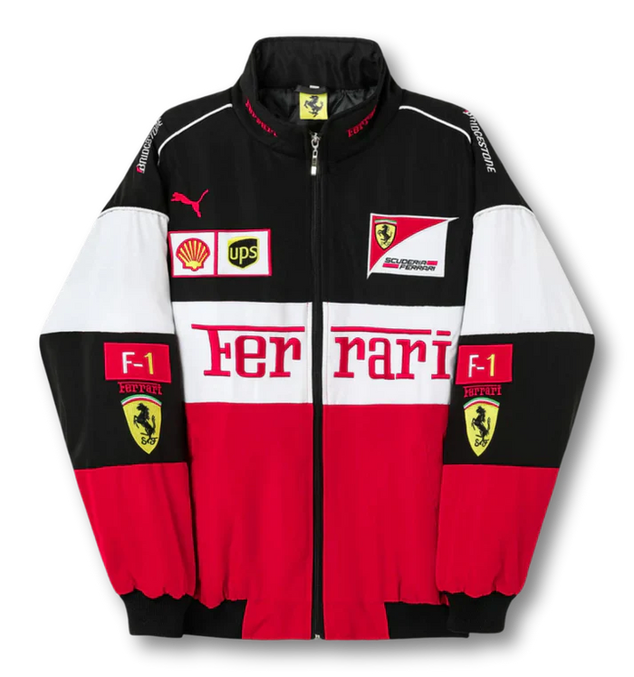 Vintage Racing Jack – Klassiek Rood, Wit & Zwart met Geborduurde Patches | Oversized F1 Bomberjack Heren & Dames