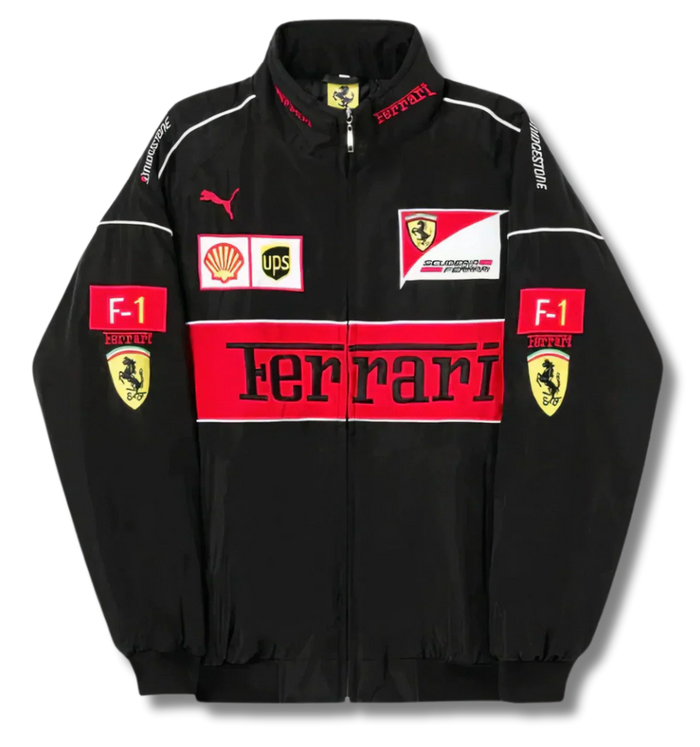 Zwart Vintage Racing Jack – Oversized F1 Bomberjack met Geborduurde Race-Patches | Streetwear Motorsport Jack
