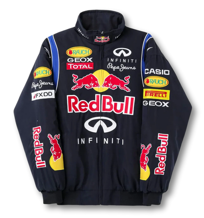 Blauw Racing Jack – Vintage F1 Bomber met Rood-Gele Accenten & Patches | Oversized Motorsport Streetwearjack
