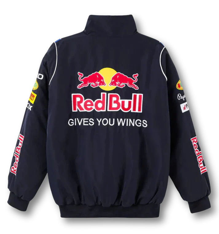 Blauw Racing Jack – Vintage F1 Bomber met Rood-Gele Accenten & Patches | Oversized Motorsport Streetwearjack