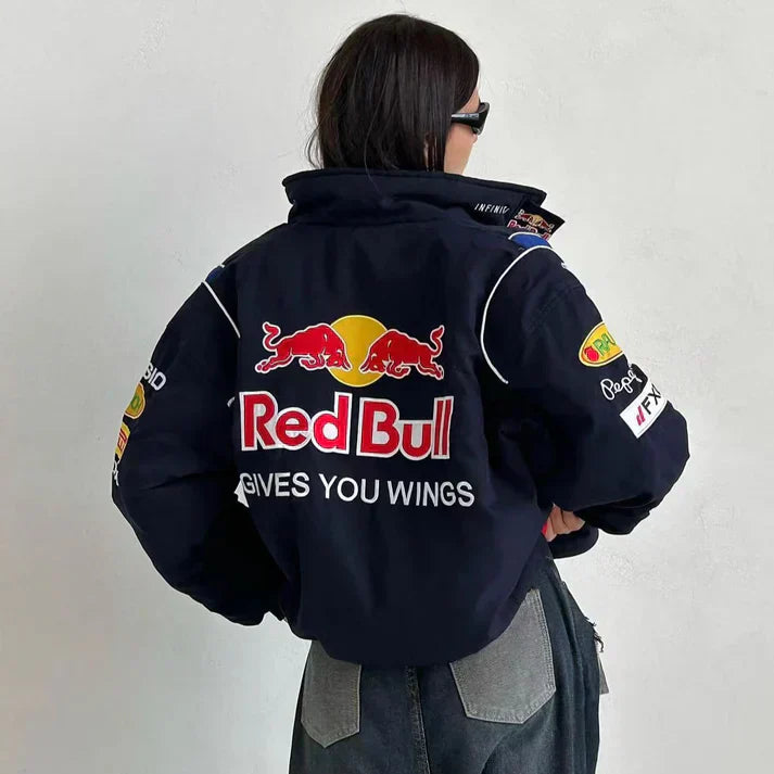 Blauw Racing Jack – Vintage F1 Bomber met Rood-Gele Accenten & Patches | Oversized Motorsport Streetwearjack