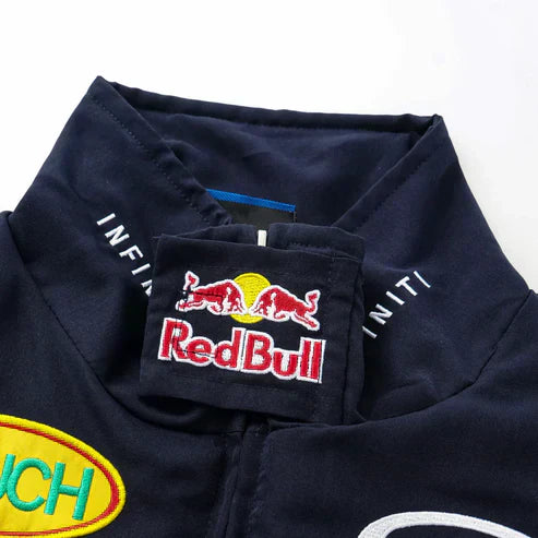 Blauw Racing Jack – Vintage F1 Bomber met Rood-Gele Accenten & Patches | Oversized Motorsport Streetwearjack