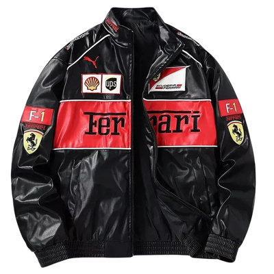 Rode Leren Racing Jack – Vintage F1 Bikerjack met Geborduurde Patches