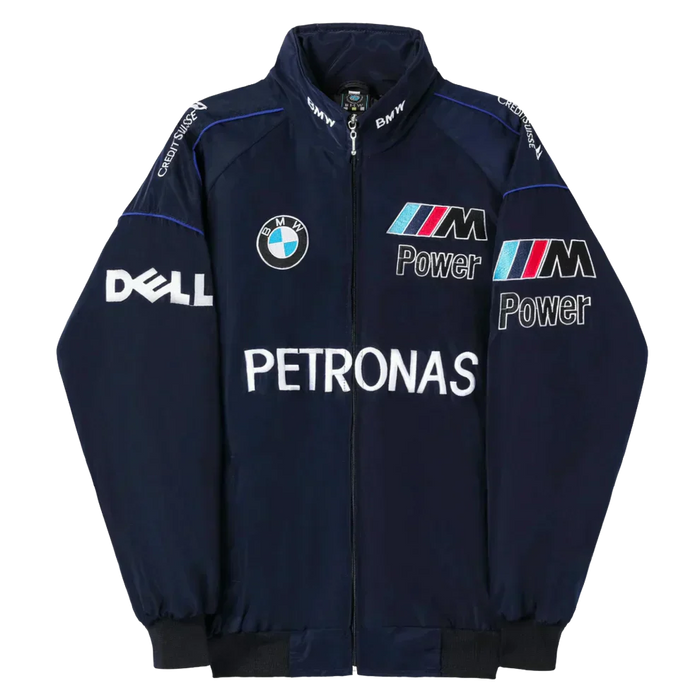 Blauw-Wit Racing Jack – Vintage F1 Teamjack met Geborduurde Patches