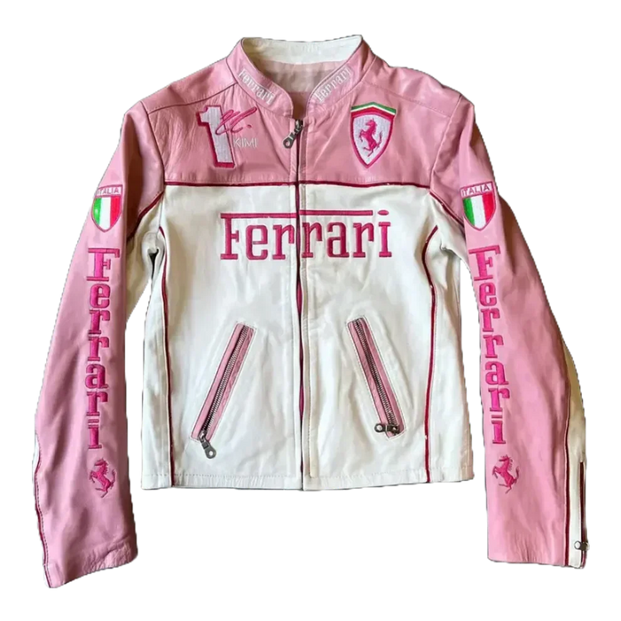 Roze Leren Racing Jack – Vintage F1 Bikerjack met Geborduurde Patches