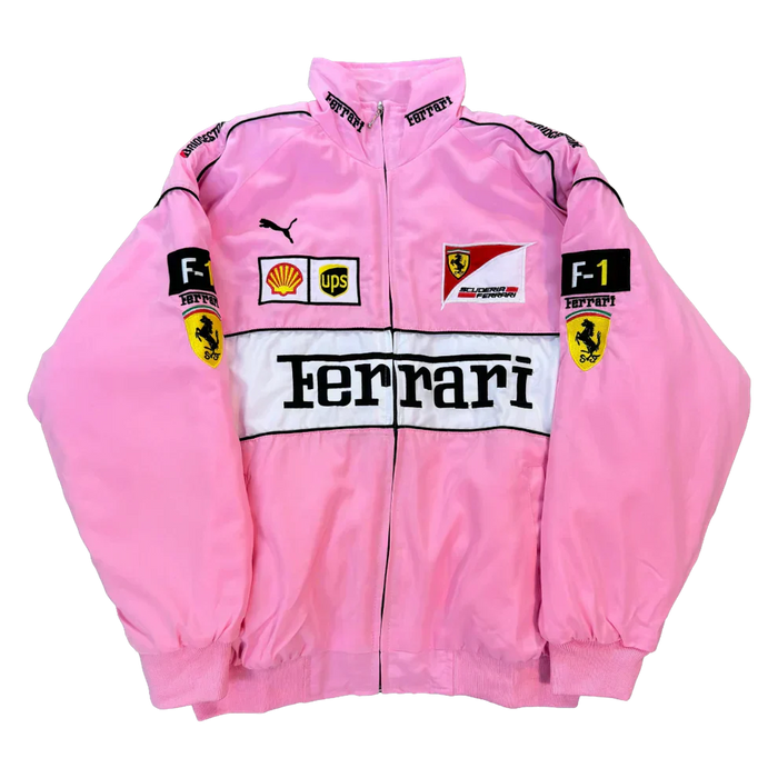 Roze Vintage Racing Jack – Oversized F1 Bomberjack met Geborduurde Patches
