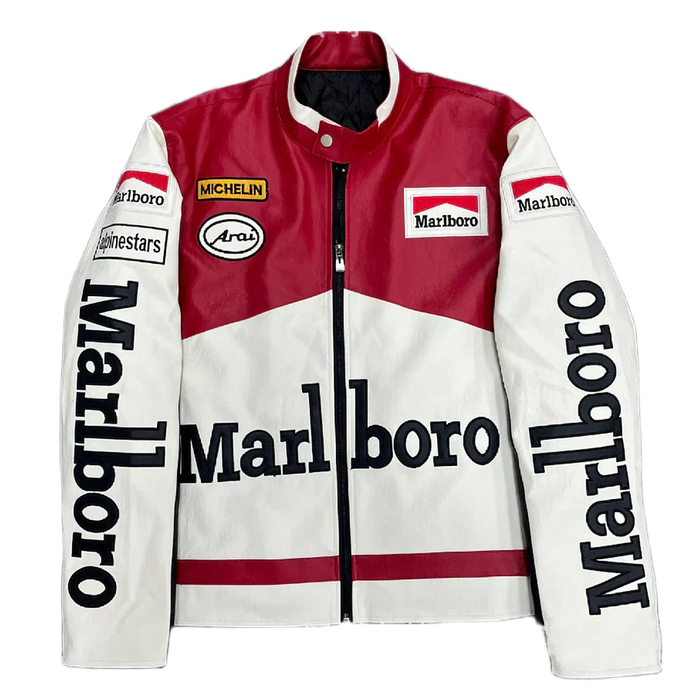 Rood-Wit Leren Racing Jack – Vintage F1 Bikerjack met Geborduurde Patches