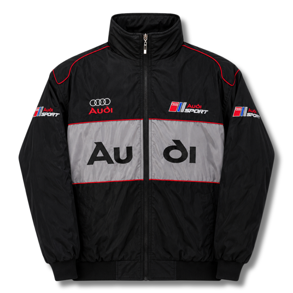 Vintage racing jacket zwart-grijs – gewatteerde jas met rode biezen