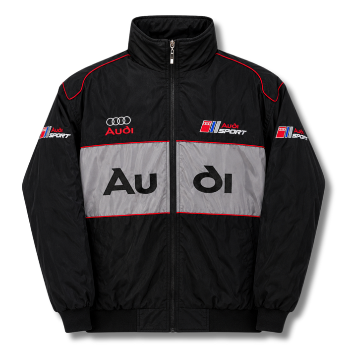 Vintage racing jacket zwart-grijs – gewatteerde jas met rode biezen