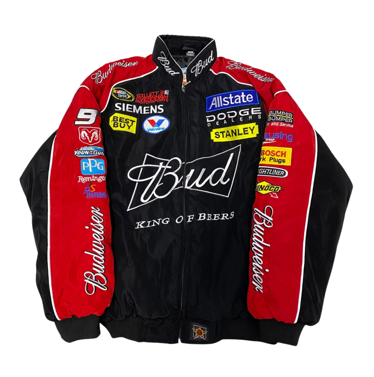 Vintage racing jacket zwart-rood – gewatteerde jas vol patches