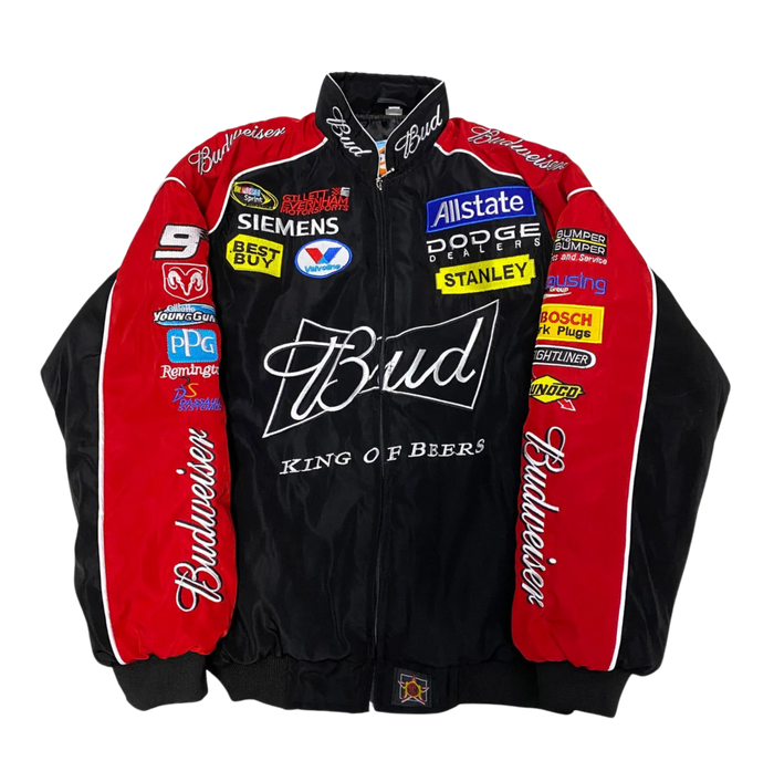Vintage racing jacket zwart-rood – gewatteerde jas vol patches