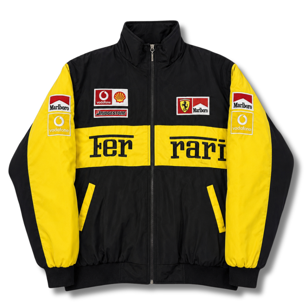 Vintage racing jacket zwart-geel – gewatteerde jas met patches