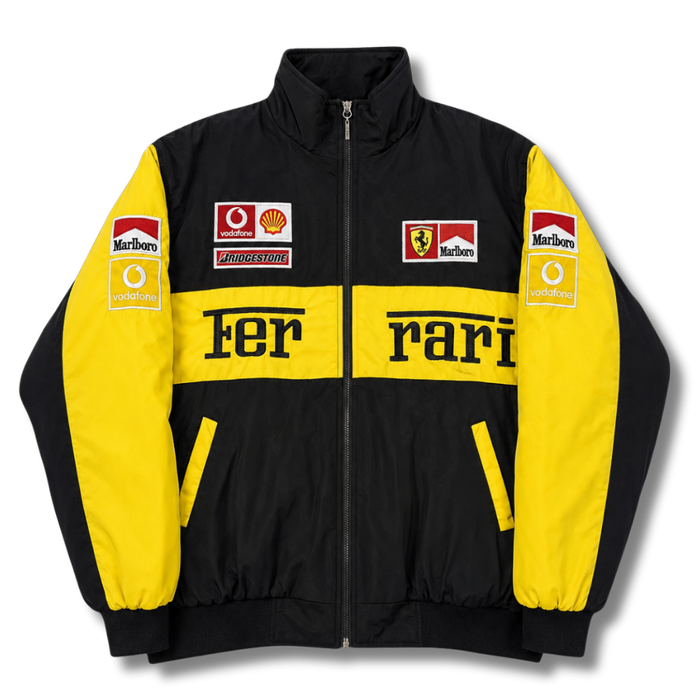 Vintage racing jacket zwart-geel – gewatteerde jas met patches
