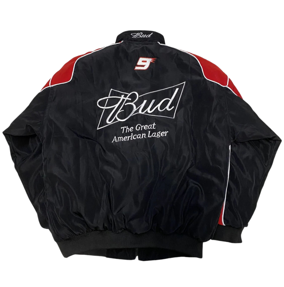 Vintage racing jacket zwart-rood – gewatteerde jas vol patches