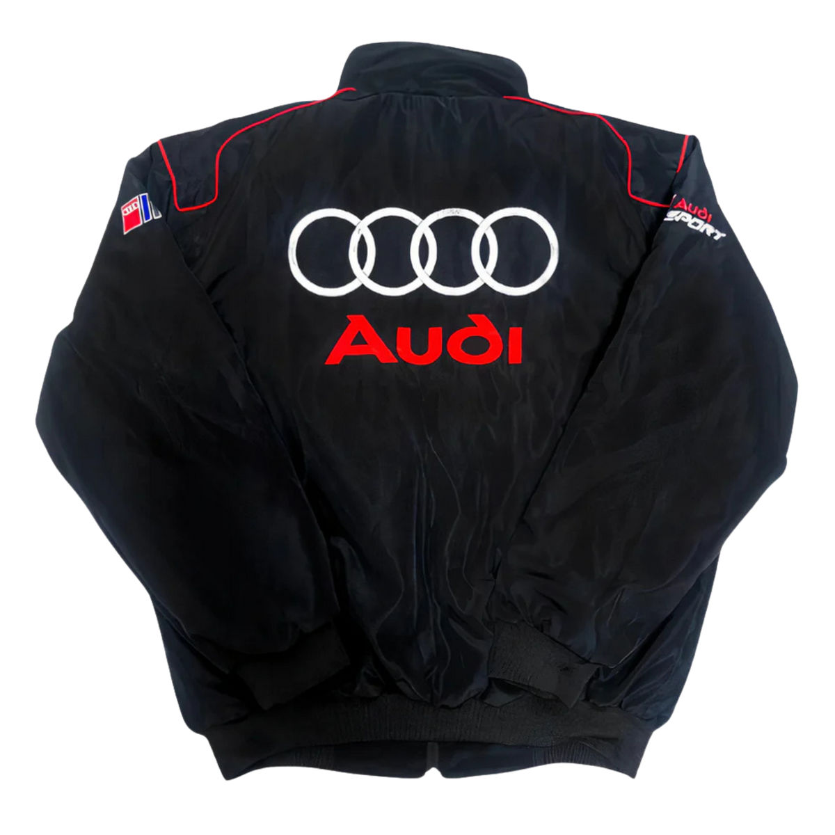 Vintage racing jacket zwart-grijs – gewatteerde jas met rode biezen