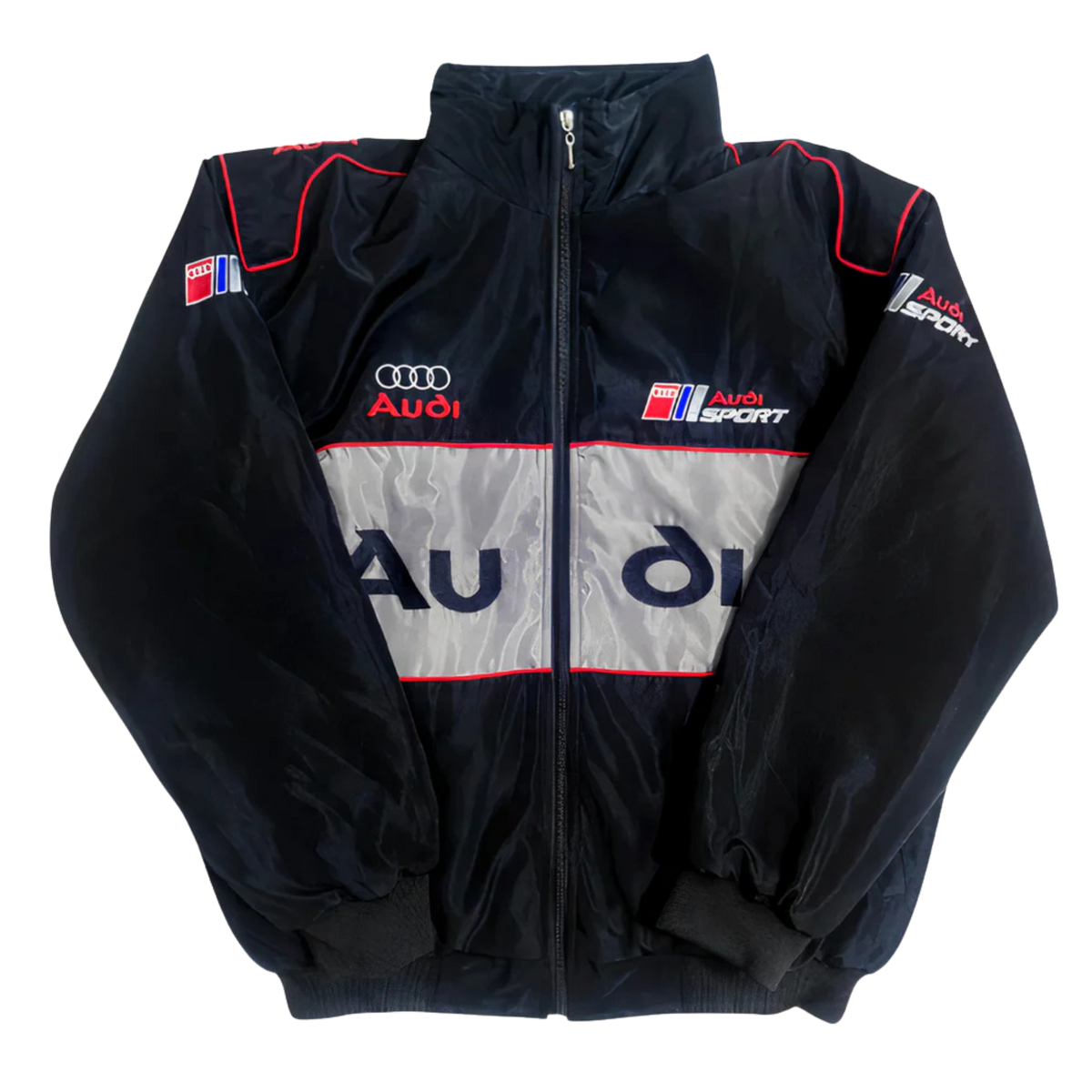 Vintage racing jacket zwart-grijs – gewatteerde jas met rode biezen
